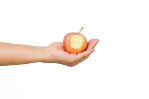 Hand holding bite red apple isolated on white background. Ripe red apple in human hand. photo