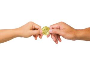 Male and female hands holding bitcoin crypto currency on white background. Business finance and investment concept. photo