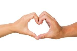 Male and female hands forming a heart shape isolated on white background. Two hands in the shape of a heart. photo