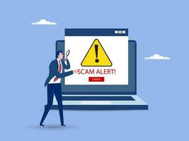 Scam alert red message on browser window. Scam sign label isolated on screen computer. Vector illustration.