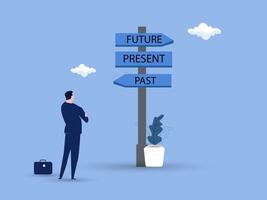 Businessman and a signpost arrows showing three different options, past, present and future course, Choose journey direction. vector illustration.