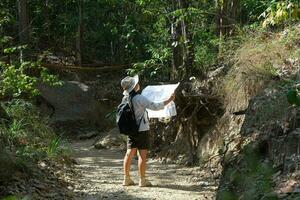 mujer geóloga usando un mapa, examinando un camino natural y analizando rocas o grava. los investigadores recolectan muestras de materiales biológicos. Investigación ambiental y ecológica. foto