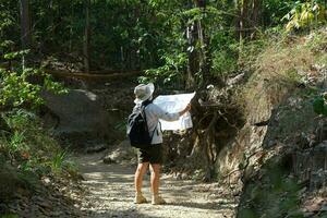 Female geologist using a map, examining a natural path and analyzing rocks or gravel. Researchers collect samples of biological materials. Environmental and ecology research. photo