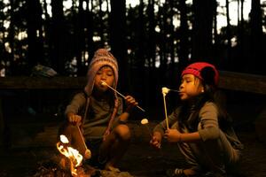 lindas hermanitas asando malvaviscos en una fogata. niños divirtiéndose en el fuego del campamento. acampar con niños en el bosque de pinos de invierno. familia feliz de vacaciones en la naturaleza. foto