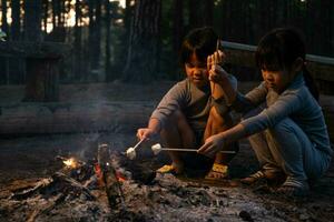 lindas hermanitas asando malvaviscos en una fogata. niños divirtiéndose en el fuego del campamento. acampar con niños en el bosque de pinos de invierno. familia feliz de vacaciones en la naturaleza. foto