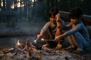 lindas hermanitas asando malvaviscos en una fogata. niños divirtiéndose en el fuego del campamento. acampar con niños en el bosque de pinos de invierno. familia feliz de vacaciones en la naturaleza. foto