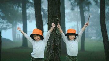 dos contento hermanas posando en parte superior de un montaña en un hermosa invierno Mañana. familia en un excursionismo aventuras mediante el bosque. familia gasto hora juntos en vacaciones. foto