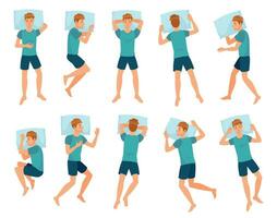 Man sleeps in different poses. Male character sleep, mans sleeping in bed top view vector illustration set