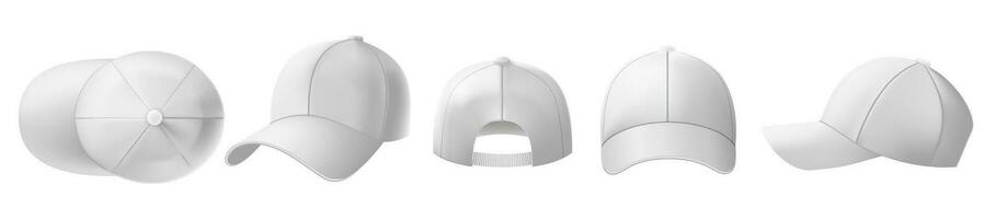 White cap mockup. Sports visor hat template, baseball cap front and back view realistic 3D vector illustration set