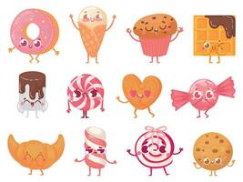 Cute sweets. Happy cupcake mascot, funny sweet candy character and smiled donut. Cookies, ice cream and croissant cartoon mascots vector illustration set