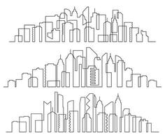 Line art cityscape. Town buildings horizontal panorama, city skyscrapers and modern urban silhouette vector set
