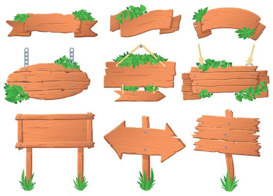 Wooden signboard with leaves. Tropical leafs on wood board, green label sign and jungle forest pointer boards vector set