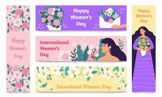 March 8 banners. International Womens Day, Happy woman with flowers banner vector set