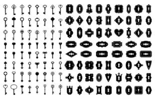 Key and keyhole silhouettes. Old house door keys, vintage lock keyholes frames and retro key silhouette icon vector set