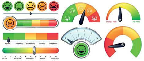 Pain scale meter. Smile and sad emotion measure, no pain and worst pain scales vector set