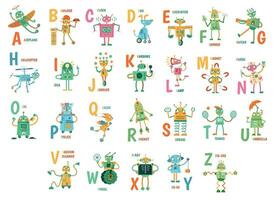 Cartoon robots alphabet. Funny robot characters, ABC letters for kids and education poster with robotic friend mascots vector illustration set
