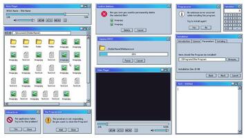 Old user interface. Old computer music and video player UI, text editor and critical system error alert notification window vector illustration set