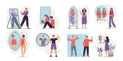 People looking at mirror reflection. Self-assessment and personal appearance vector illustration