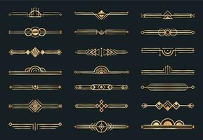 Golden art deco dividers. Decorative geometric border, retro gold dividers and luxury 1920s decoration elements vector set