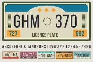 License car plates font. Embossed font letters and numbers, cars registration number frame template vector illustration set