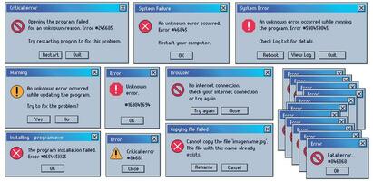 Retro error message. Old user interface system failure window, fatal and critical errors messages. Damaged computer problem warnings vector set