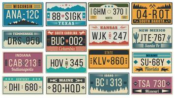 Abstract USA states license plates. Colorful retro car license, number plate templates vector set