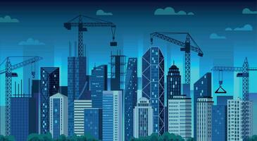 Urban development. Night construction cranes, modern city building and cityscape cartoon vector illustration