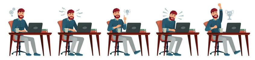 Man working on laptop. Office worker have idea, works with laptop and enjoys success. Work process, bearded programer cartoon vector illustration