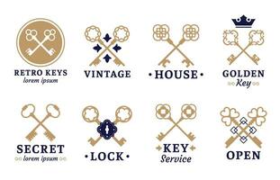 Vintage key label. Old keys emblem, retro lock and key service vector set