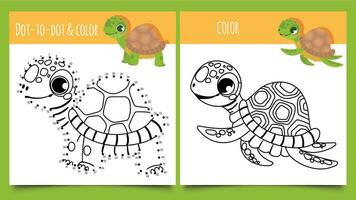 Tortuga juegos. punto por punto y colorante juego con linda tortugas vector ilustración