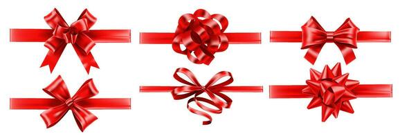 Realistic red ribbons with bows. Festive wrapping bow, gift decoration and presents ribbon vector set