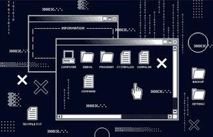 resumen Años 80 interfaz. retro computadora negro pantalla con antiguo programas oscuro ui, programa falla y cortar a tajos o virtual virus ataque vector ilustración