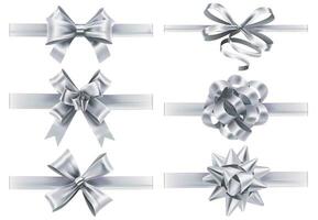 Realistic white ribbons with bows. Festive wrapping bow, holiday gift ribbon decoration realistic vector collection