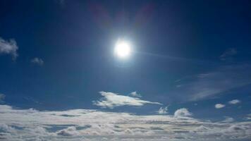 Aerial view of beautiful sunny blue sky with bright sun shining on summer horizon in vibrant sunlight. Natural blue sky with white clouds background. photo