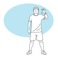 lleno longitud de deporte hombre con gorra en pie en frente de azul blanco espacio ilustración vector mano dibujado aislado en blanco antecedentes