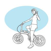 full length of sporty woman showing peace sign on her bicycle illustration vector hand drawn isolated on white background