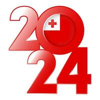 Happy New Year 2024 banner with Tonga flag inside. Vector illustration.