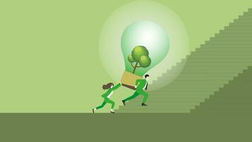 A business team push a big tree lightbulb, Step up a stair. vector