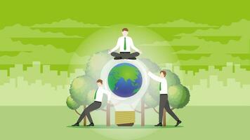 A calm businessman sits on world light bulb and trees with team support. vector