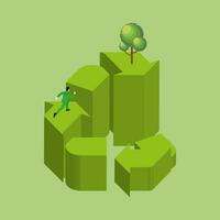 3D Isometric of a man runs on a loop of step RECYCLE Symbol with a tree. Recycling cycle concept vector