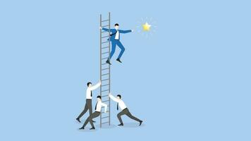 A businessman climbs up a ladder and grabs a star with a supporting team. vector