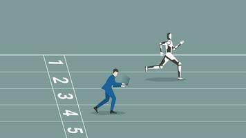 A faster robot leads a man working on a laptop. Business competition vector