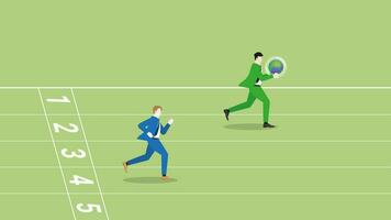 A leader businessman holds earth and rivalry are compete run on a race track. vector