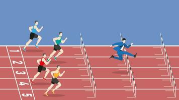 The fastest runner is jumping overcome obstacle by running faster and better start on race track. vector