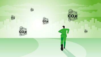 A back view of a businessman runs aim to target goal. CO2e in a city. vector