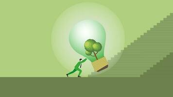 A businessman pushes a big tree lightbulb, steps up a stair. vector