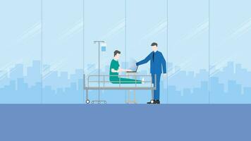 A boss assigns tasks to a sick employee patient, using a laptop on a hospital bed with a saline solution medical drip bag. vector
