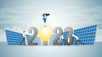 Vision businesswoman use binocular on 2023 light bulb powered by solar cells with team support. vector