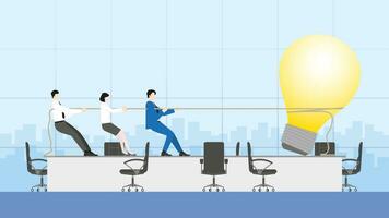 Leader businessman and teamwork pull a rope with a big light bulb vector