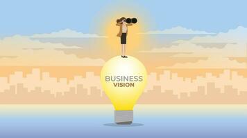 A vision businesswoman uses binoculars on a large lightbulb. vector